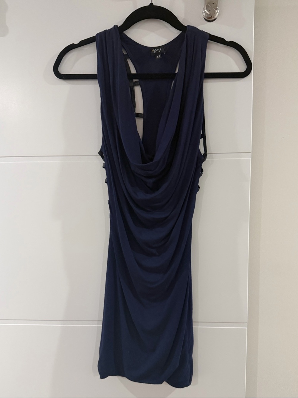 Sky Navy Draped Backless Cowl-neck shirt
